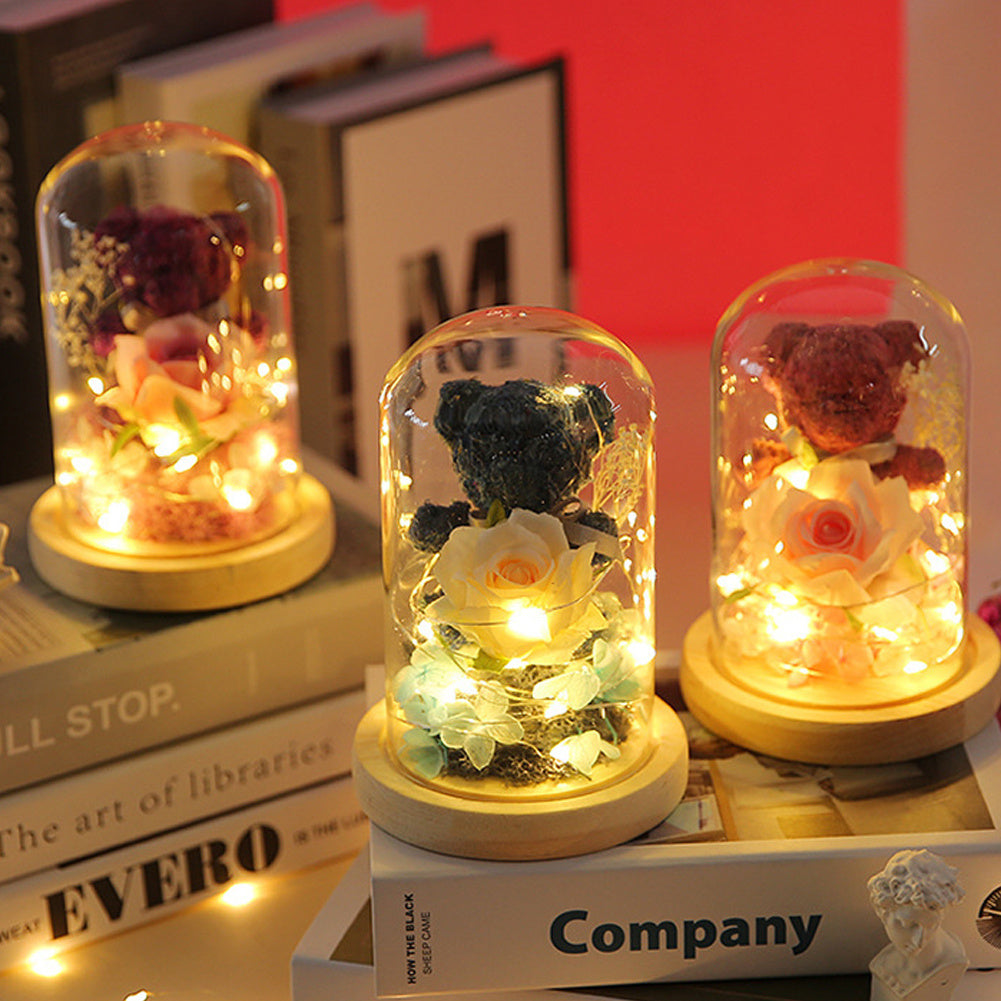 Gift Box Teddy Bear Eternal Flower With Lights Gift For Women Home Decor