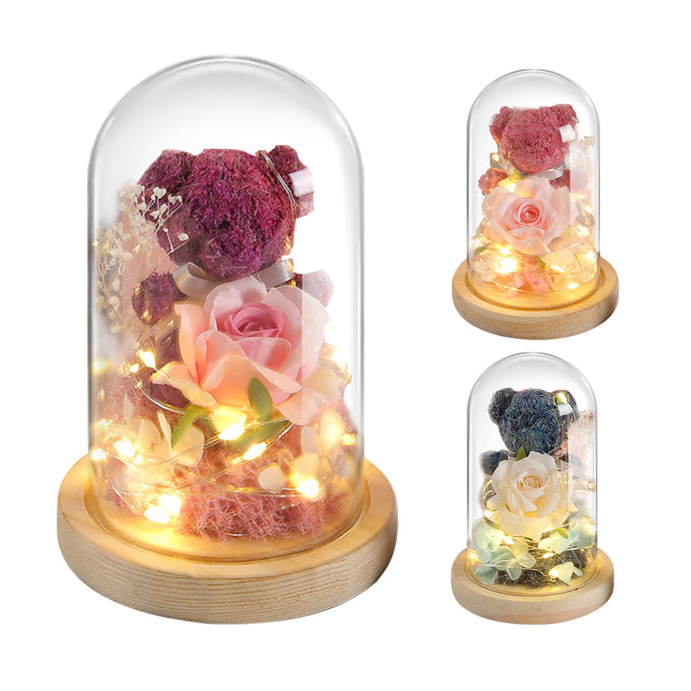 Gift Box Teddy Bear Eternal Flower With Lights Gift For Women Home Decor