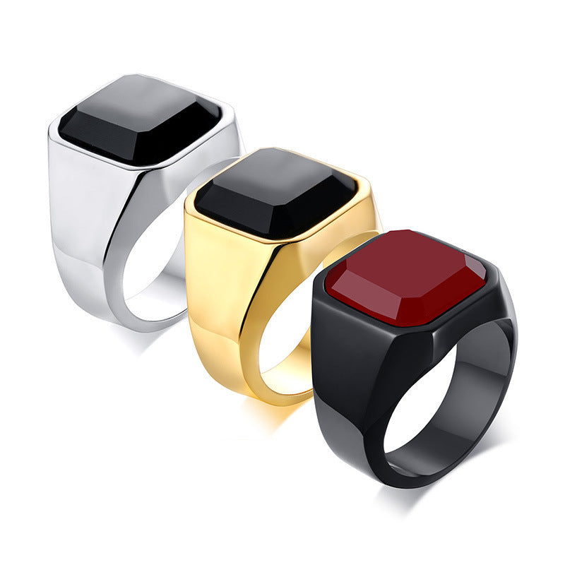 Men's stainless steel black agate ring - Badi Jewellery store