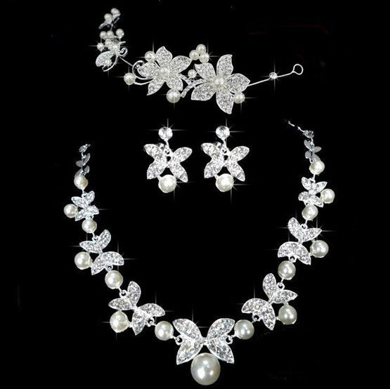 Butterfly Bridal Jewelry Set Chain Pearl Jewelry Three Piece Bridal Soft Chain Headdress Bridal Jewelry Set - Badi Jewellery store