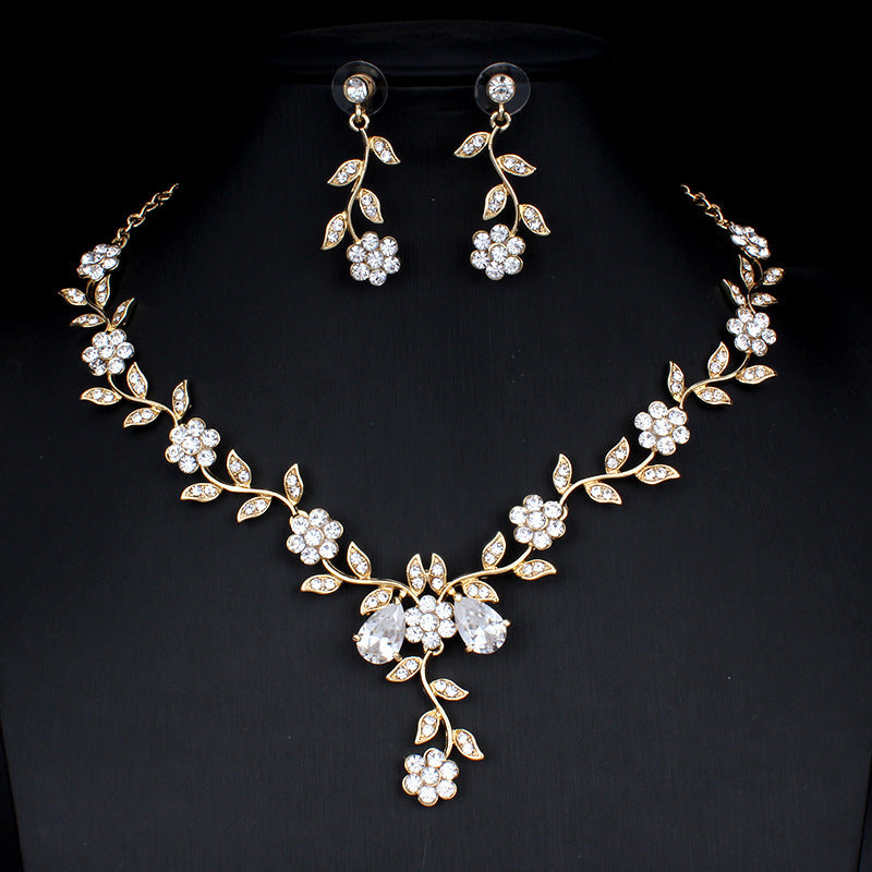 Golden Zircon Jewelry Set Bridal Necklace Earrings Wedding Two-piece Set - Badi Jewellery store