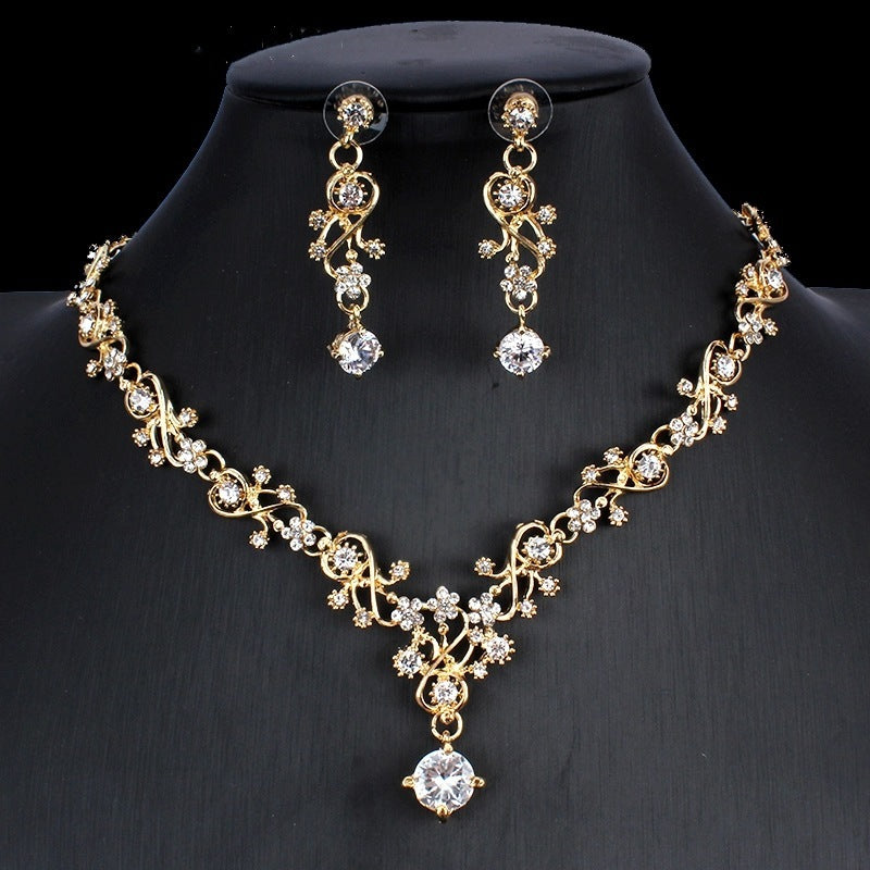 Golden Zircon Jewelry Set Bridal Necklace Earrings Wedding Two-piece Set - Badi Jewellery store