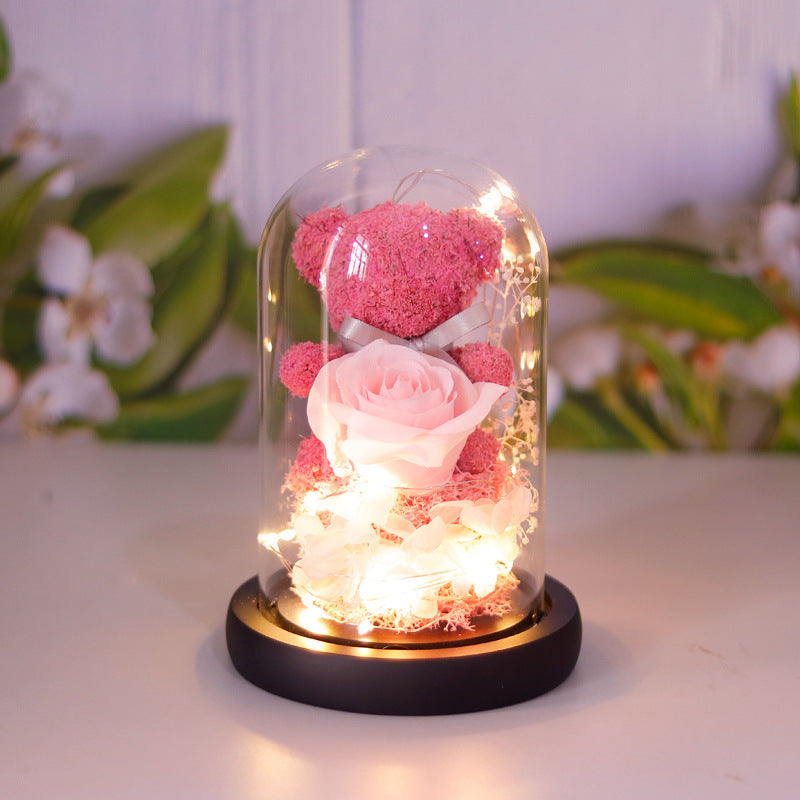 Gift Box Teddy Bear Eternal Flower With Lights Gift For Women Home Decor