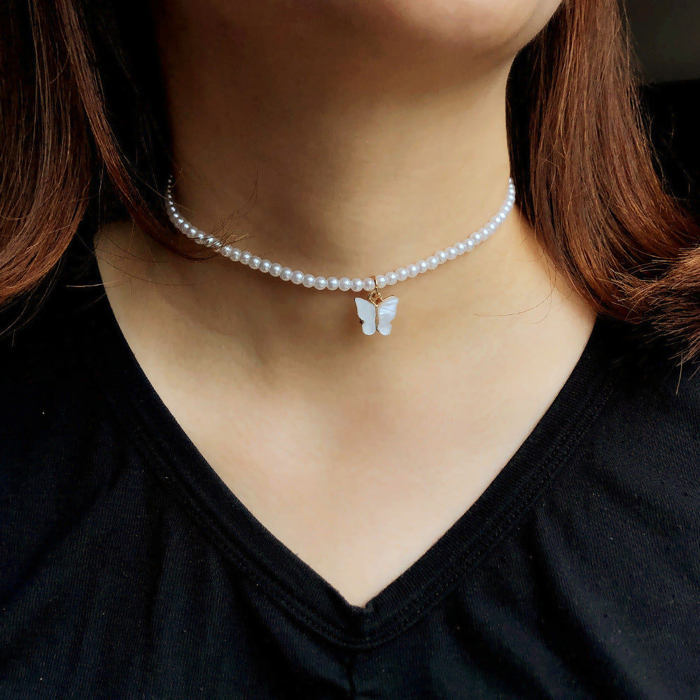 Elegant White Pearl Choker Necklace Small Round Pearl Wedding Butterfly Necklace For Women Charm Fashion Jewelry - Badi Jewellery store