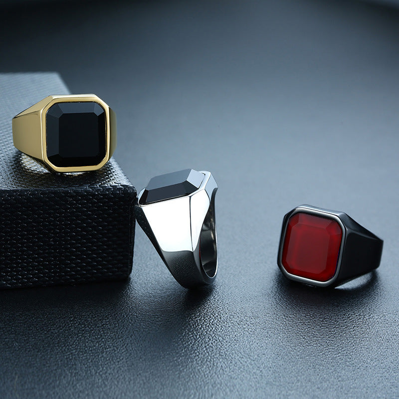 Men's stainless steel black agate ring - Badi Jewellery store