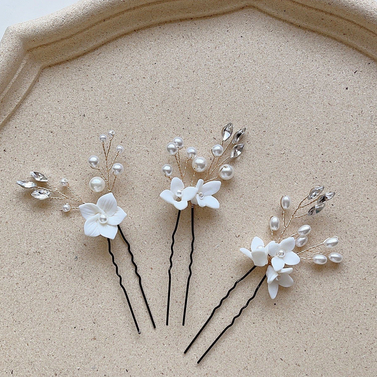 Three Sets Of White Flower U Shaped Hairpins - Badi Jewellery store