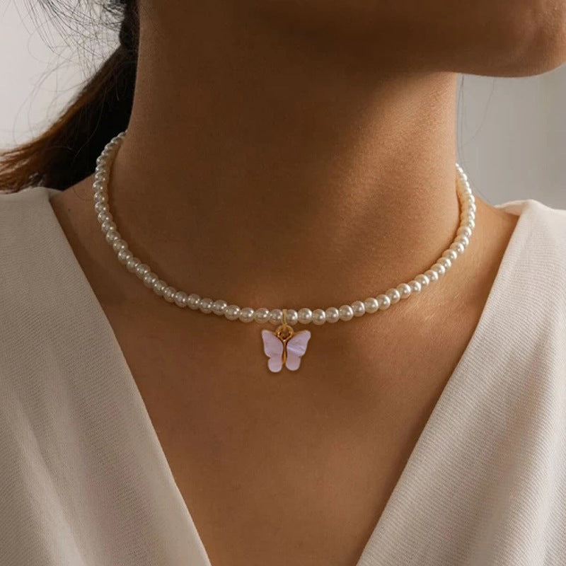 Elegant White Pearl Choker Necklace Small Round Pearl Wedding Butterfly Necklace For Women Charm Fashion Jewelry - Badi Jewellery store