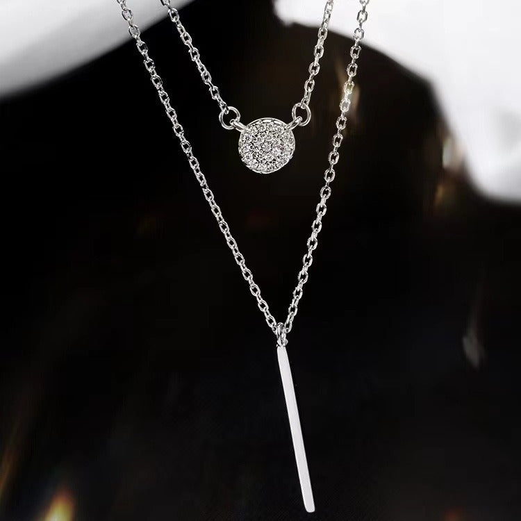 S925 Silver Color Double Chain Long Stick Micro Pave Zircon Round Pendant Necklaces For Women Trendy Jewelry - Badi Jewellery store