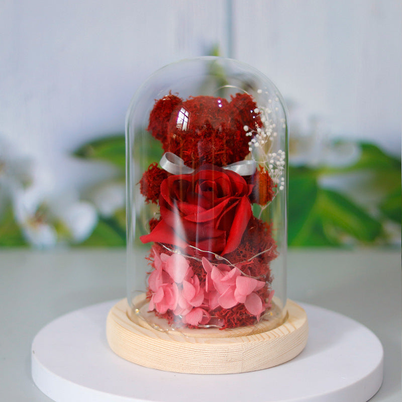 Gift Box Teddy Bear Eternal Flower With Lights Gift For Women Home Decor