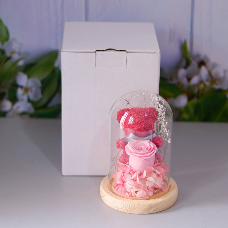 Gift Box Teddy Bear Eternal Flower With Lights Gift For Women Home Decor