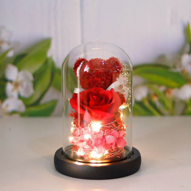 Gift Box Teddy Bear Eternal Flower With Lights Gift For Women Home Decor