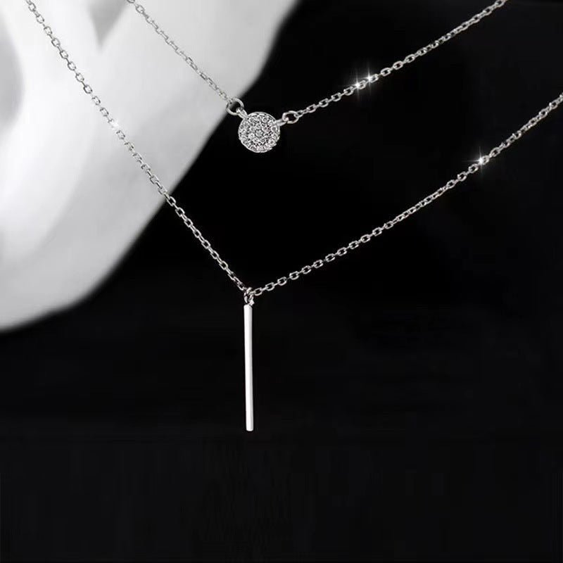 S925 Silver Color Double Chain Long Stick Micro Pave Zircon Round Pendant Necklaces For Women Trendy Jewelry - Badi Jewellery store