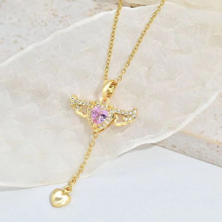 Moving Cupid Heart Angel Wings Tassel Necklace With Crystal Clavicle Chain Women Jewelry Gift Valentine's Day - Badi Jewellery store