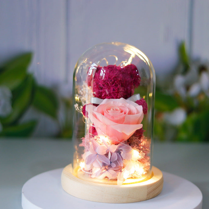 Gift Box Teddy Bear Eternal Flower With Lights Gift For Women Home Decor