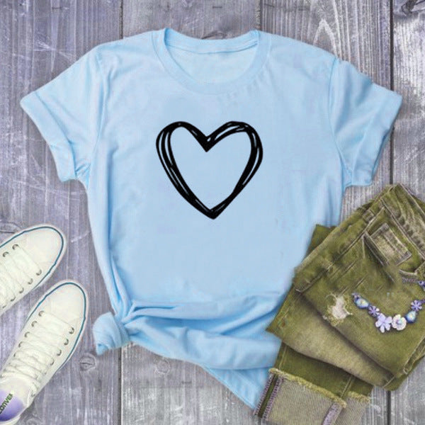 Heart Print T Shirt Women Short Sleeve