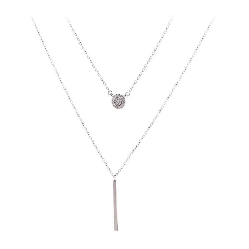 S925 Silver Color Double Chain Long Stick Micro Pave Zircon Round Pendant Necklaces For Women Trendy Jewelry - Badi Jewellery store