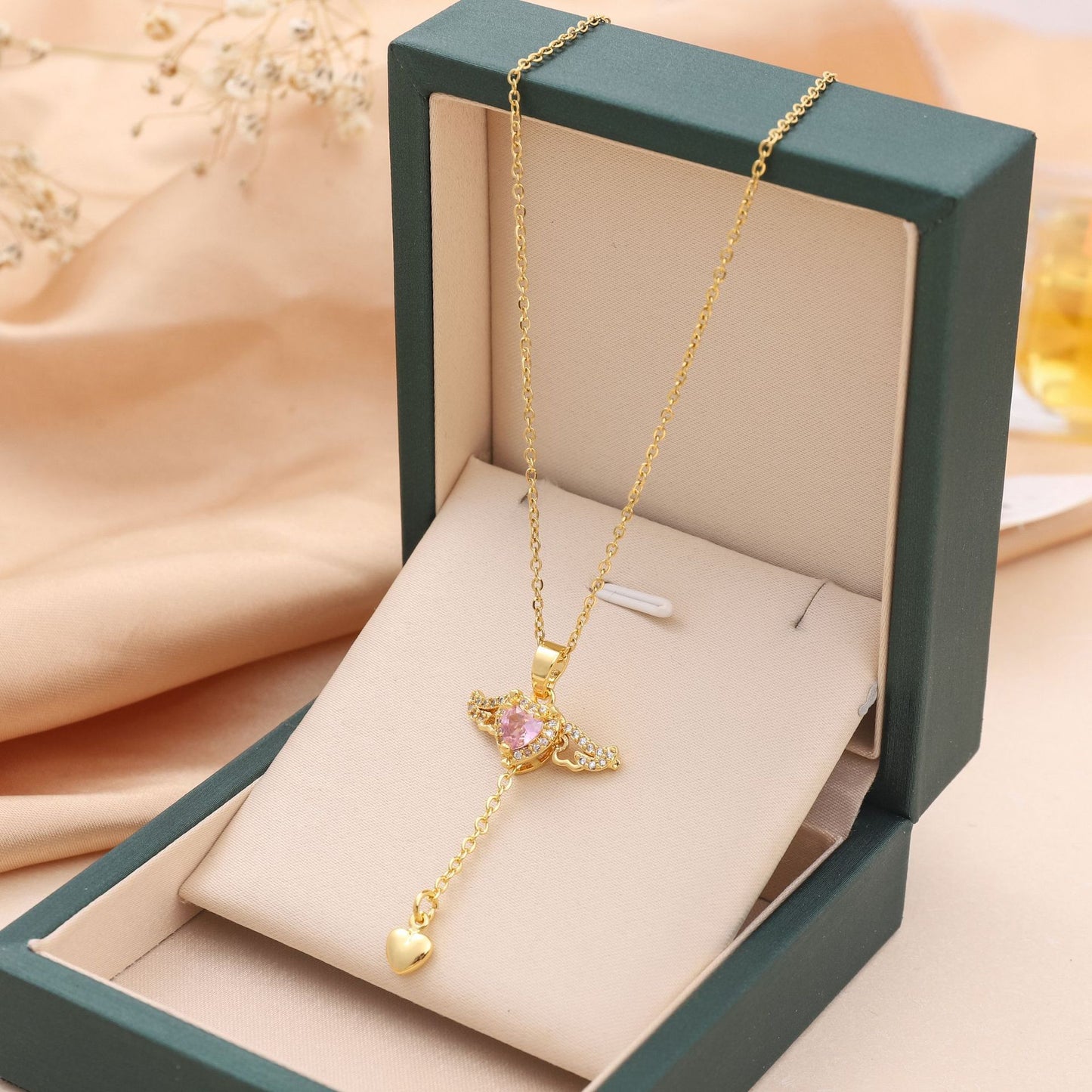 Moving Cupid Heart Angel Wings Tassel Necklace With Crystal Clavicle Chain Women Jewelry Gift Valentine's Day - Badi Jewellery store