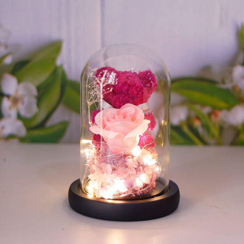Gift Box Teddy Bear Eternal Flower With Lights Gift For Women Home Decor