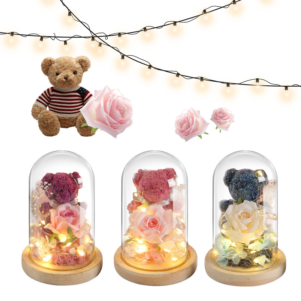 Gift Box Teddy Bear Eternal Flower With Lights Gift For Women Home Decor