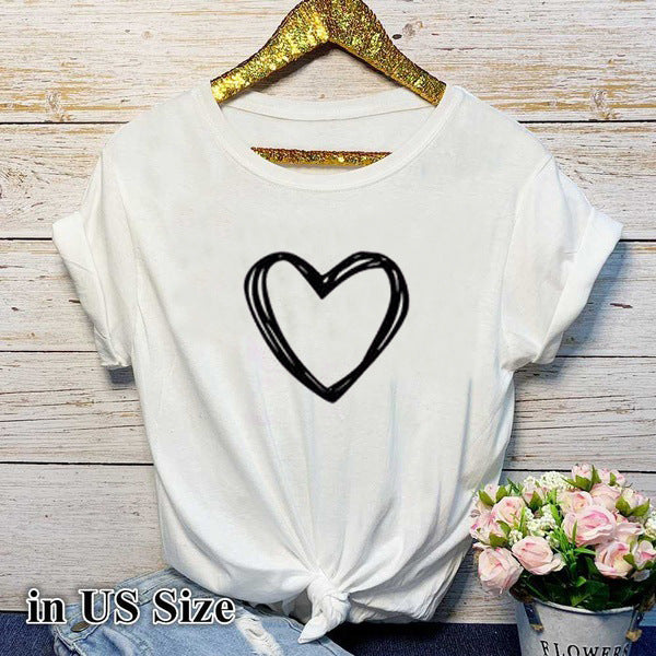 Heart Print T Shirt Women Short Sleeve