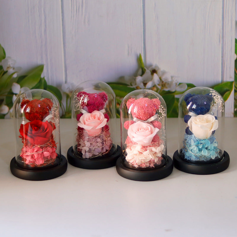 Gift Box Teddy Bear Eternal Flower With Lights Gift For Women Home Decor