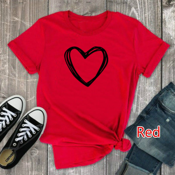 Heart Print T Shirt Women Short Sleeve