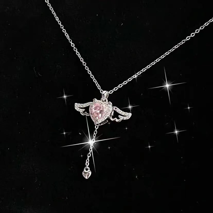 Moving Cupid Heart Angel Wings Tassel Necklace With Crystal Clavicle Chain Women Jewelry Gift Valentine's Day - Badi Jewellery store