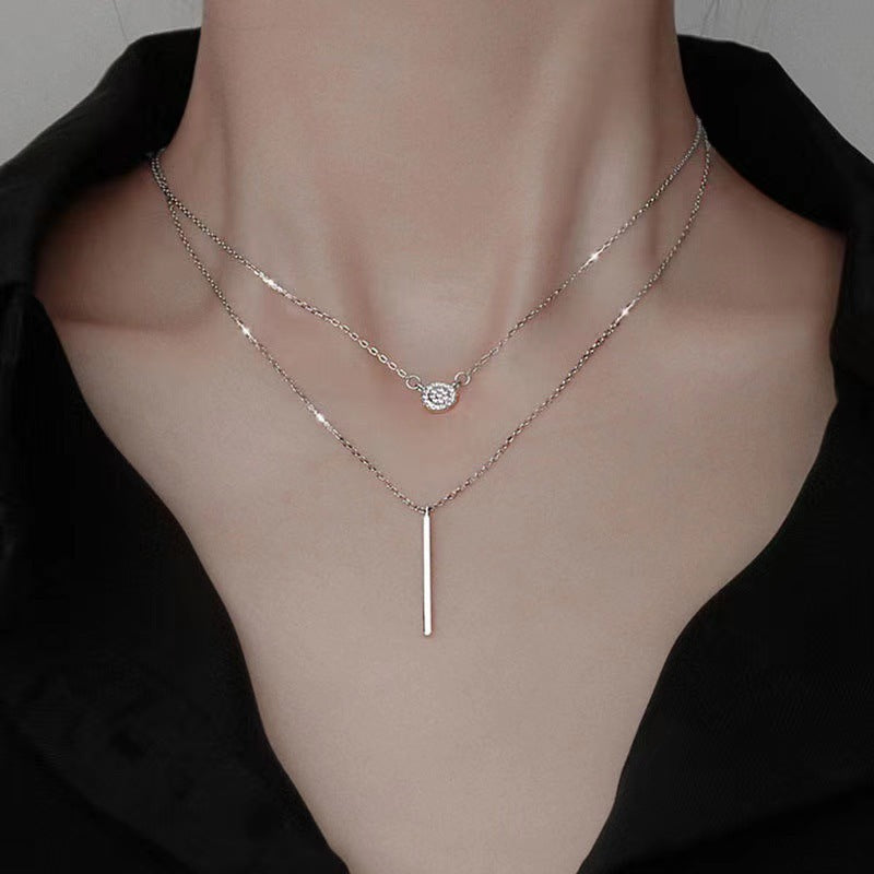 S925 Silver Color Double Chain Long Stick Micro Pave Zircon Round Pendant Necklaces For Women Trendy Jewelry - Badi Jewellery store