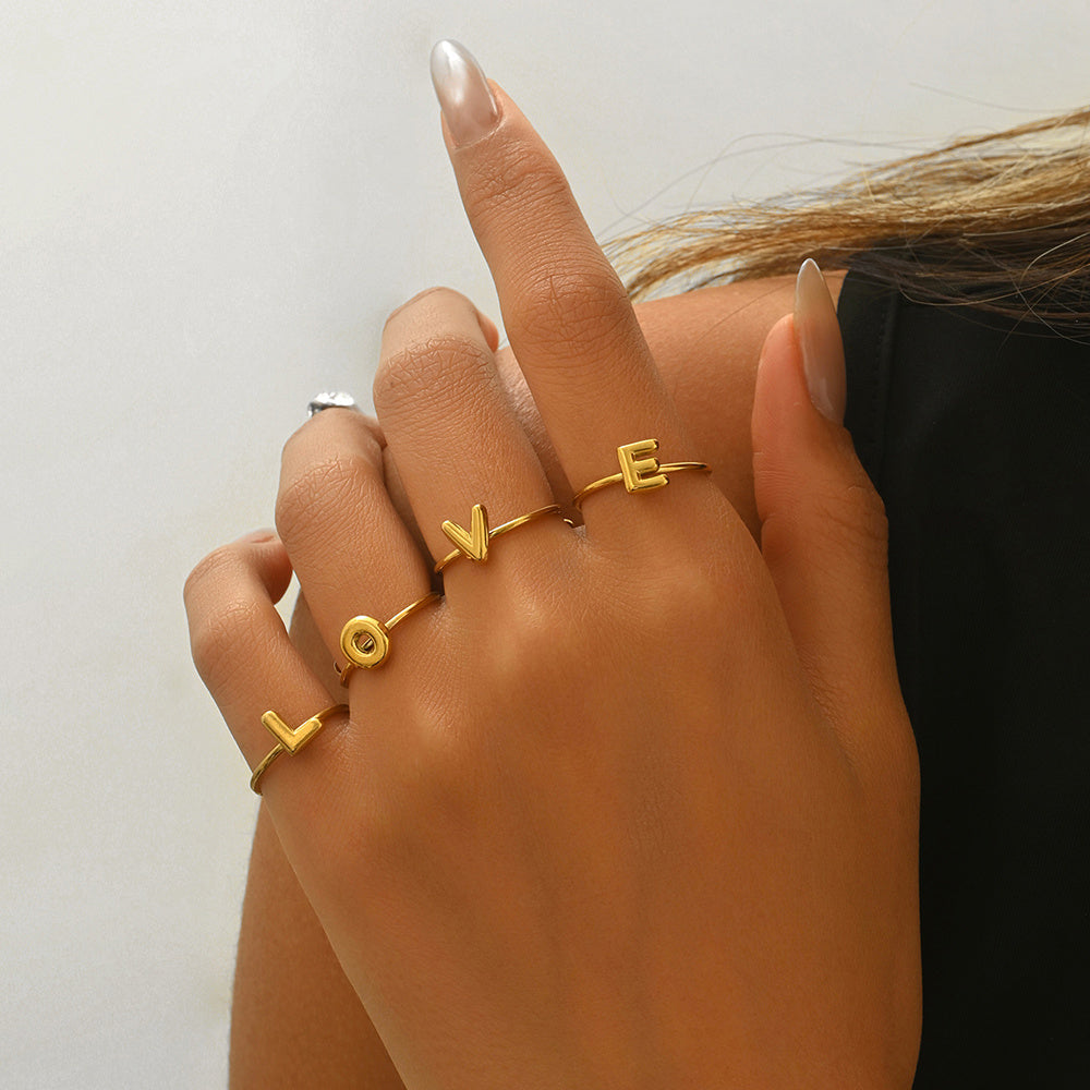 Lxalry 18K Gold Plated Stainless Steel Modern Alphabet Ring With Mirror Polish Sphere Accents Hypoallergenic Jewelry For Women Skin Safe Never Fade Luxury Gift Full A-Z Letters - Badi Jewellery store