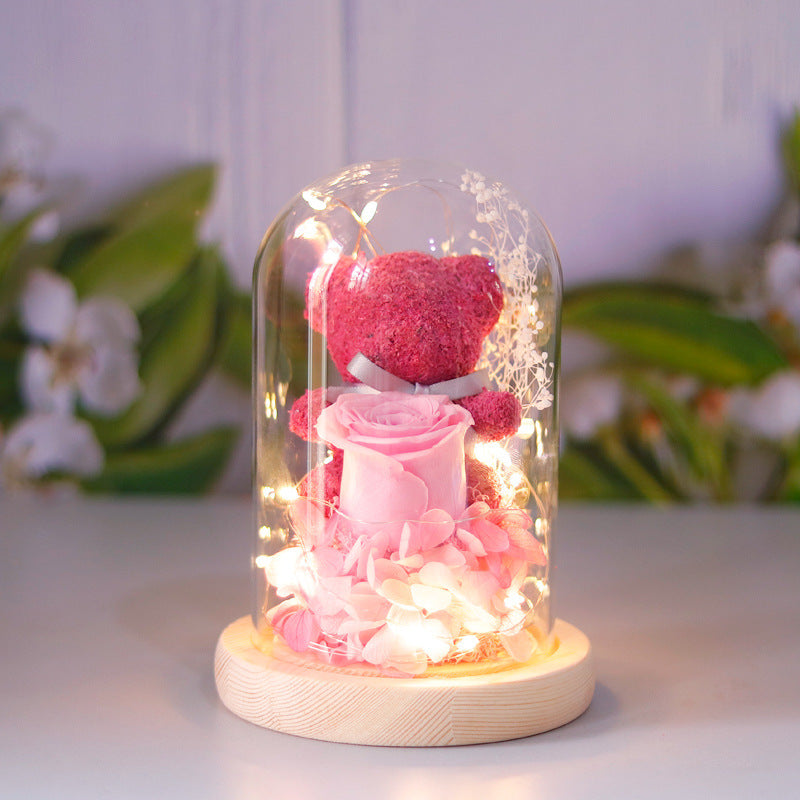 Gift Box Teddy Bear Eternal Flower With Lights Gift For Women Home Decor