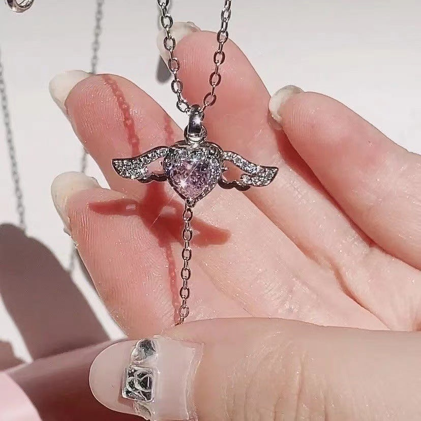 Moving Cupid Heart Angel Wings Tassel Necklace With Crystal Clavicle Chain Women Jewelry Gift Valentine's Day - Badi Jewellery store