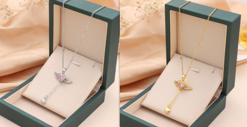 Moving Cupid Heart Angel Wings Tassel Necklace With Crystal Clavicle Chain Women Jewelry Gift Valentine's Day - Badi Jewellery store