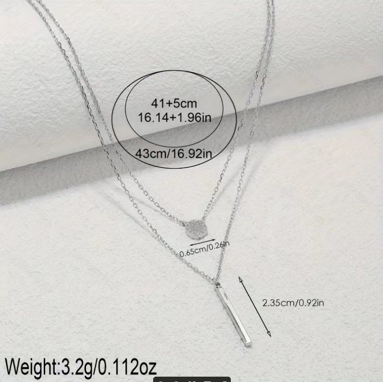S925 Silver Color Double Chain Long Stick Micro Pave Zircon Round Pendant Necklaces For Women Trendy Jewelry - Badi Jewellery store