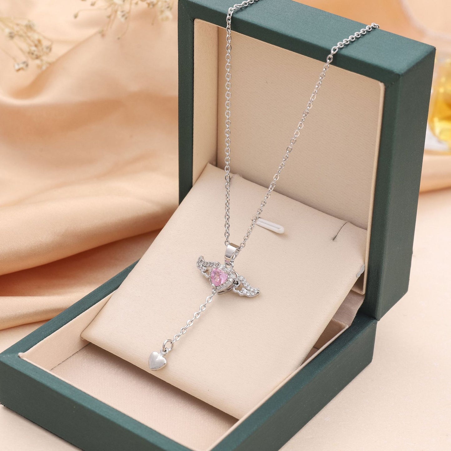 Moving Cupid Heart Angel Wings Tassel Necklace With Crystal Clavicle Chain Women Jewelry Gift Valentine's Day - Badi Jewellery store