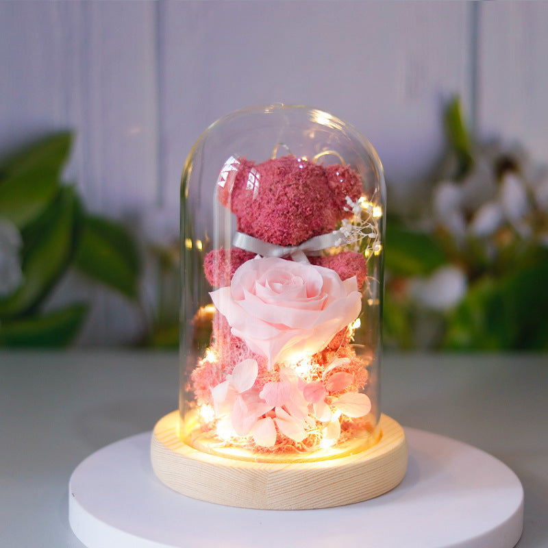 Gift Box Teddy Bear Eternal Flower With Lights Gift For Women Home Decor