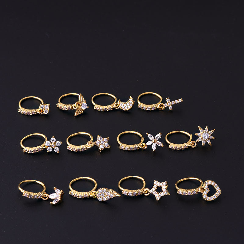 Star Moon Love Heart Flowers Cross Zircon Pendant Nose Ring