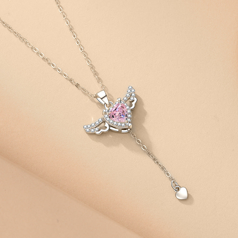 Moving Cupid Heart Angel Wings Tassel Necklace With Crystal Clavicle Chain Women Jewelry Gift Valentine's Day - Badi Jewellery store