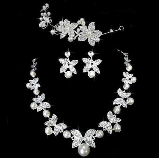 Butterfly Bridal Jewelry Set Chain Pearl Jewelry Three Piece Bridal Soft Chain Headdress Bridal Jewelry Set - Badi Jewellery store