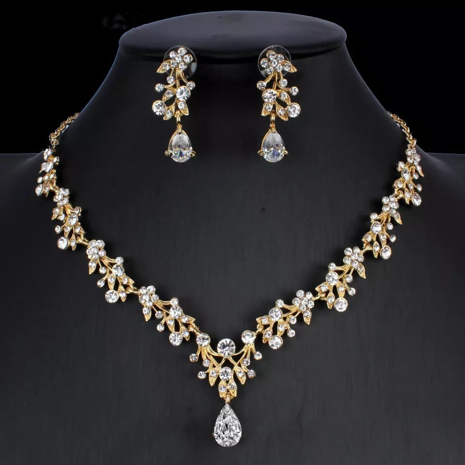 Golden Zircon Jewelry Set Bridal Necklace Earrings Wedding Two-piece Set - Badi Jewellery store