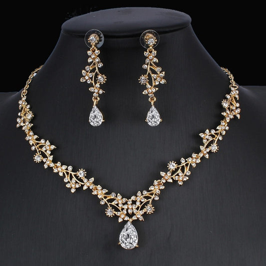 Golden Zircon Jewelry Set Bridal Necklace Earrings Wedding Two-piece Set - Badi Jewellery store