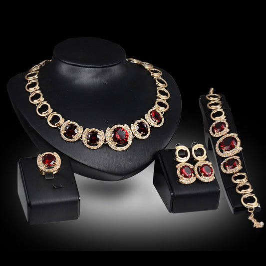 Wedding Bridal Accessories Gold Color Crystal Green Red Zircon Pendant Necklace Earrings Ring Women Wedding Bridal Jewelry Sets - Badi Jewellery store