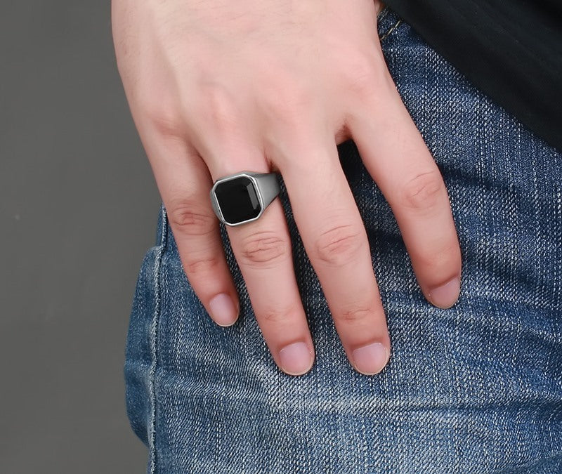 Men's stainless steel black agate ring - Badi Jewellery store
