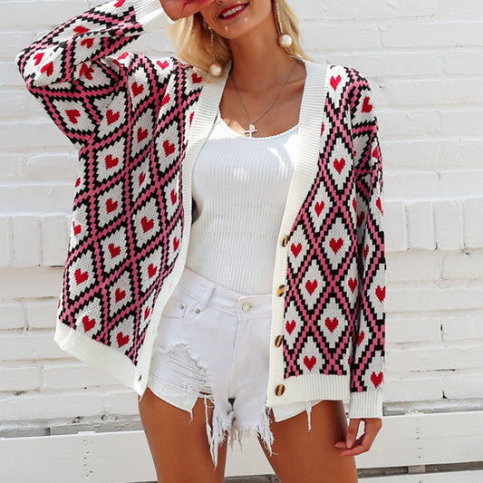 Peach Heart Diamond Cardigan Sweater