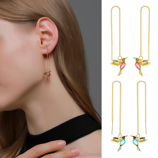 Fashion Jewelry New Unique Little Bird Drop Long Hanging Hummingbird Earrings For Women Elegant Girl Tassel Crystal Pendant Earring Jewelry - Badi Jewellery store