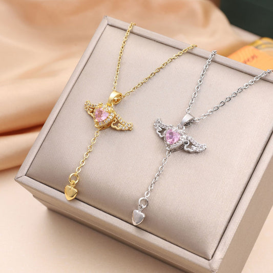 Moving Cupid Heart Angel Wings Tassel Necklace With Crystal Clavicle Chain Women Jewelry Gift Valentine's Day - Badi Jewellery store