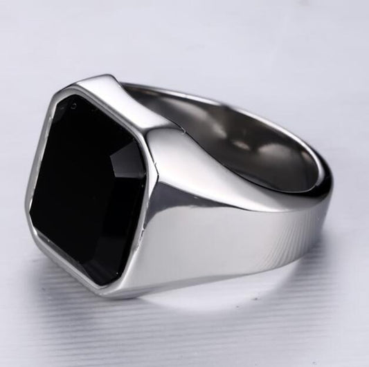 Men's stainless steel black agate ring - Badi Jewellery store