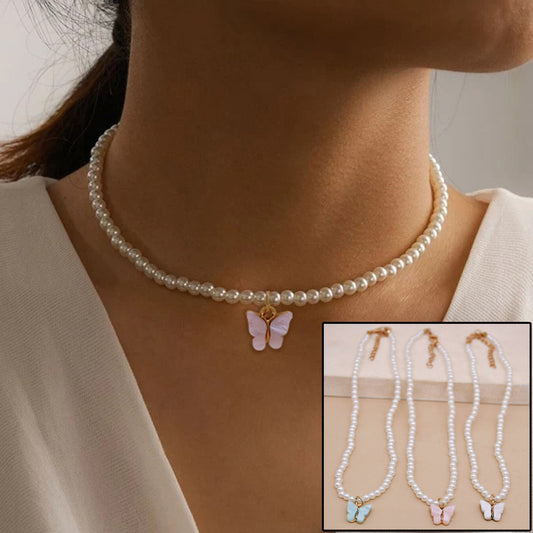 Elegant White Pearl Choker Necklace Small Round Pearl Wedding Butterfly Necklace For Women Charm Fashion Jewelry - Badi Jewellery store
