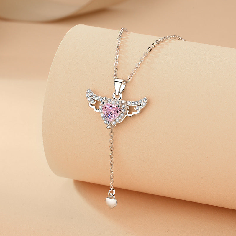 Moving Cupid Heart Angel Wings Tassel Necklace With Crystal Clavicle Chain Women Jewelry Gift Valentine's Day - Badi Jewellery store