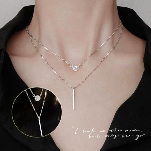 S925 Silver Color Double Chain Long Stick Micro Pave Zircon Round Pendant Necklaces For Women Trendy Jewelry - Badi Jewellery store