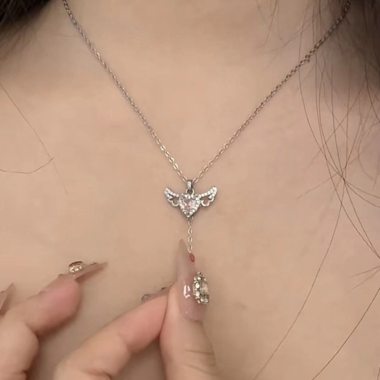 Moving Cupid Heart Angel Wings Tassel Necklace With Crystal Clavicle Chain Women Jewelry Gift Valentine's Day - Badi Jewellery store